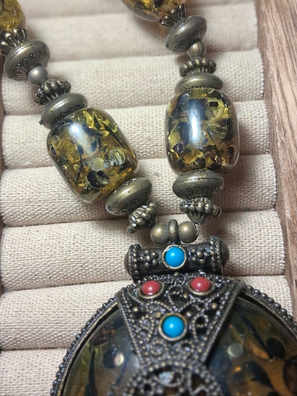 Vintage-Style Amber Glass Pendant Necklace with Red and Turquoise Accents